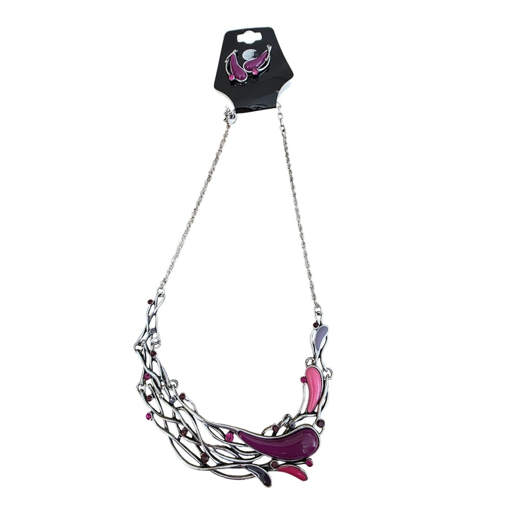 Unique Abstract Purple Pink Silver Tone Necklace Earrings Set Stunning